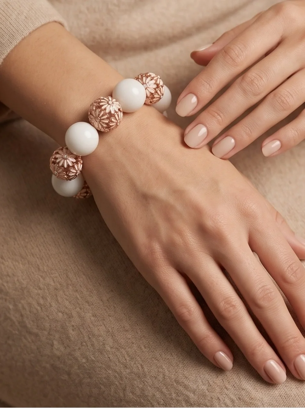 White Beaded Bracelet with Rose Gold Floral Accents